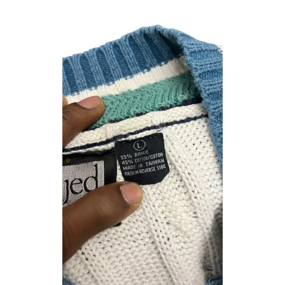 🧵 JED Wear V-Neck Cable Knit Sweater L – Vintage Tennis Ivy Preppy Style Tennis - Picture 5 of 5